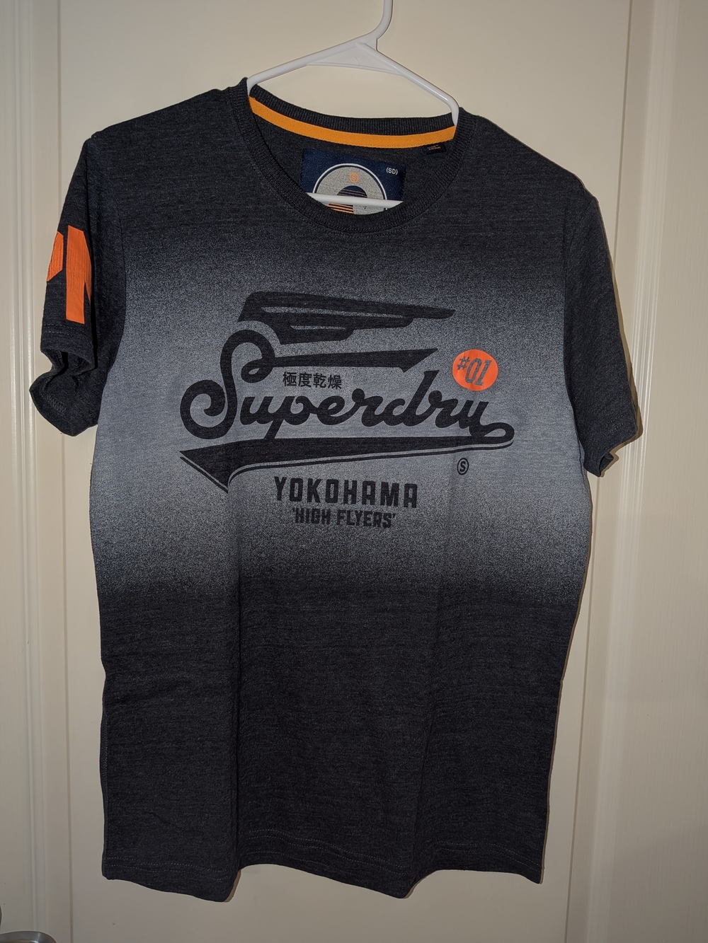 Superdry Men's Charcoal Ombre Logo Tee with Orange Accents